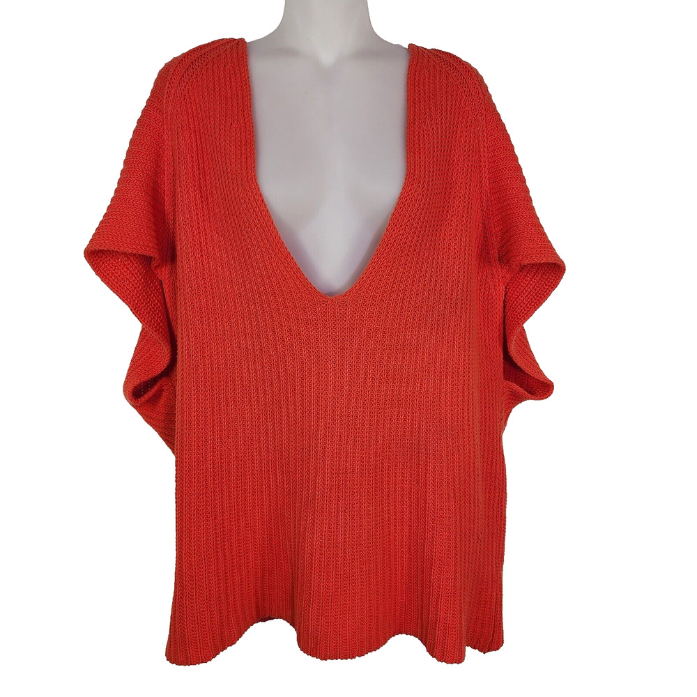 Cabi Sweater Womens Medium Ruby Pullover Knit Red Short Sleeve V Neck Oversized